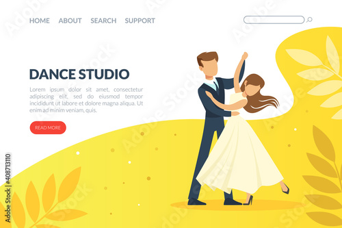 Dance Studio Landing Page Template, Couple Dancing at Dance Class, Modern and Classical Choreography Concept Cartoon Vector Illustration