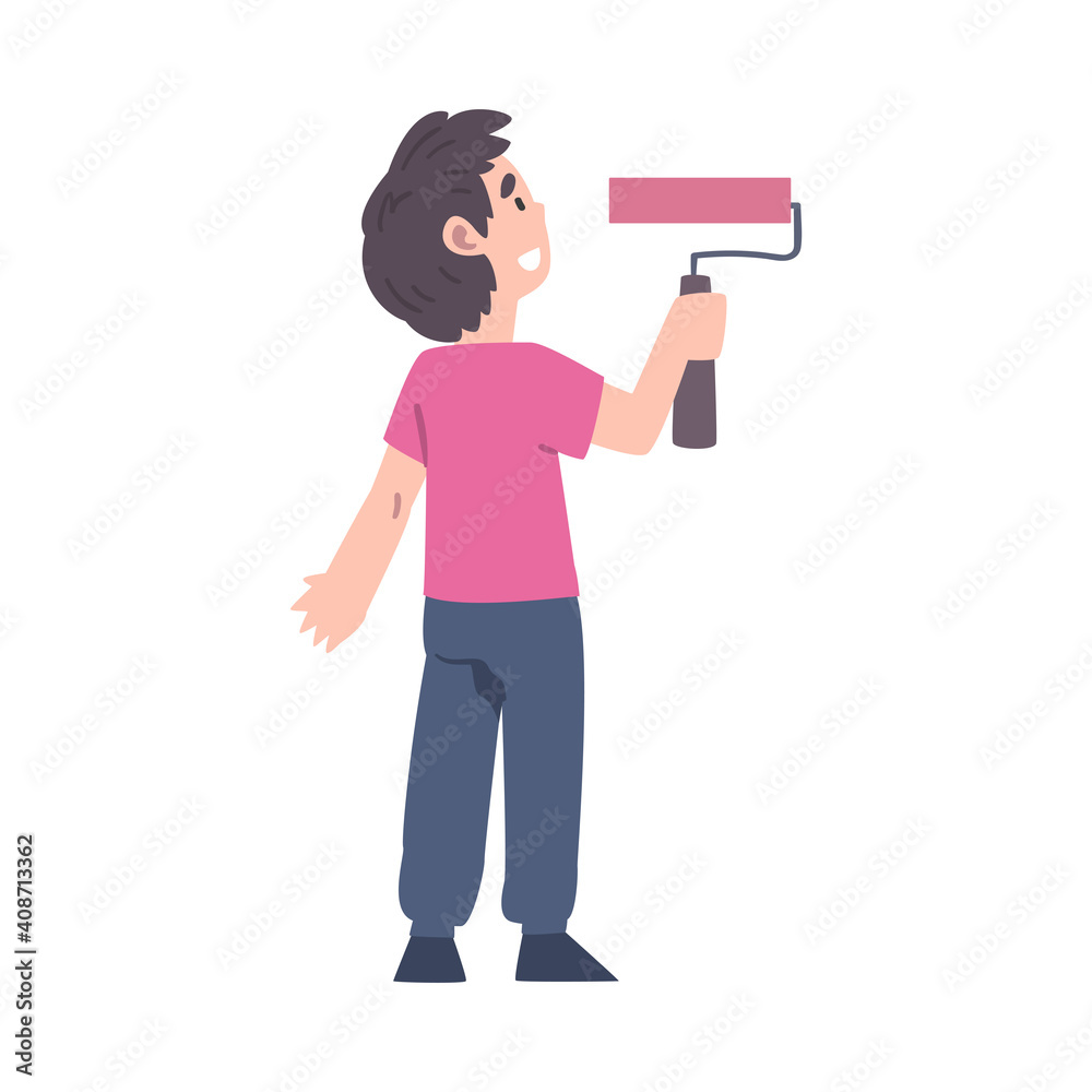 Little Boy Holding Paint Roller and Coloring Wall Vector Illustration