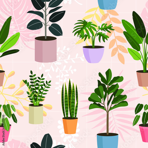 House Plants in Pots Seamless Pattern
