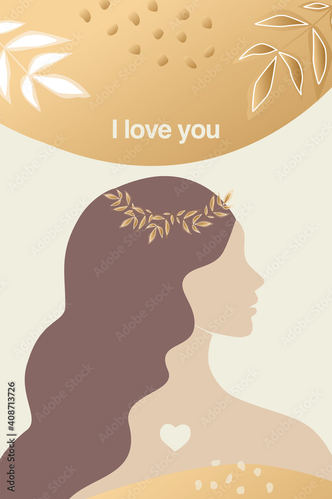 Vector valentine's day  trendy card, story or poster, abstract  female shapes and silhouette in gold colour. Contemporary art. Abstract woman in love.Postcard with inscriptions - i love you