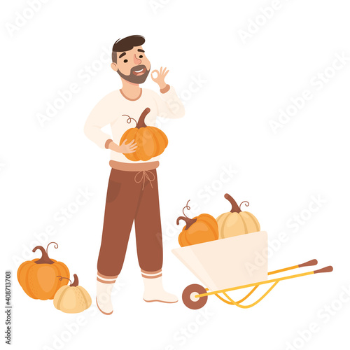 Bearded Farmer or Agricultural Worker Holding Ripe Pumpkin Vector Illustration