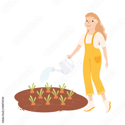 Young Woman Farmer or Agricultural Worker Watering Vegetable Patch with Carrot Vector Illustration
