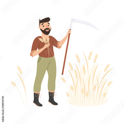 Bearded Man Farmer or Agricultural Worker with Scythe Reaping Ears of Wheat Vector Illustration