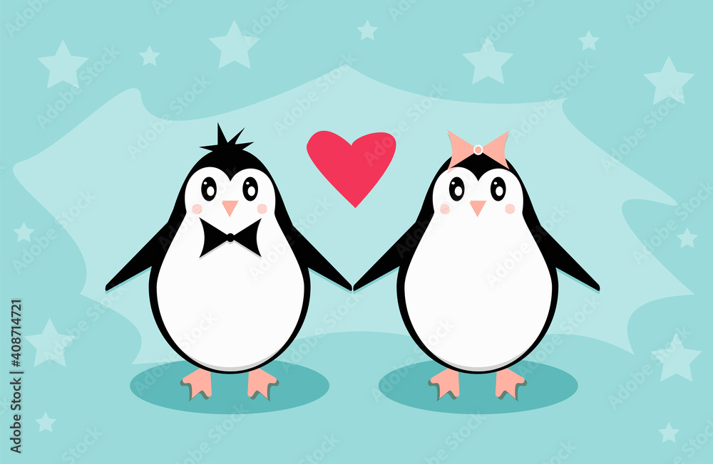 Penguins on a blue background. Valentine's day concept. Animals flat illustration. Penguins on a blue background. Valentine's day concept. Animals flat illustration.