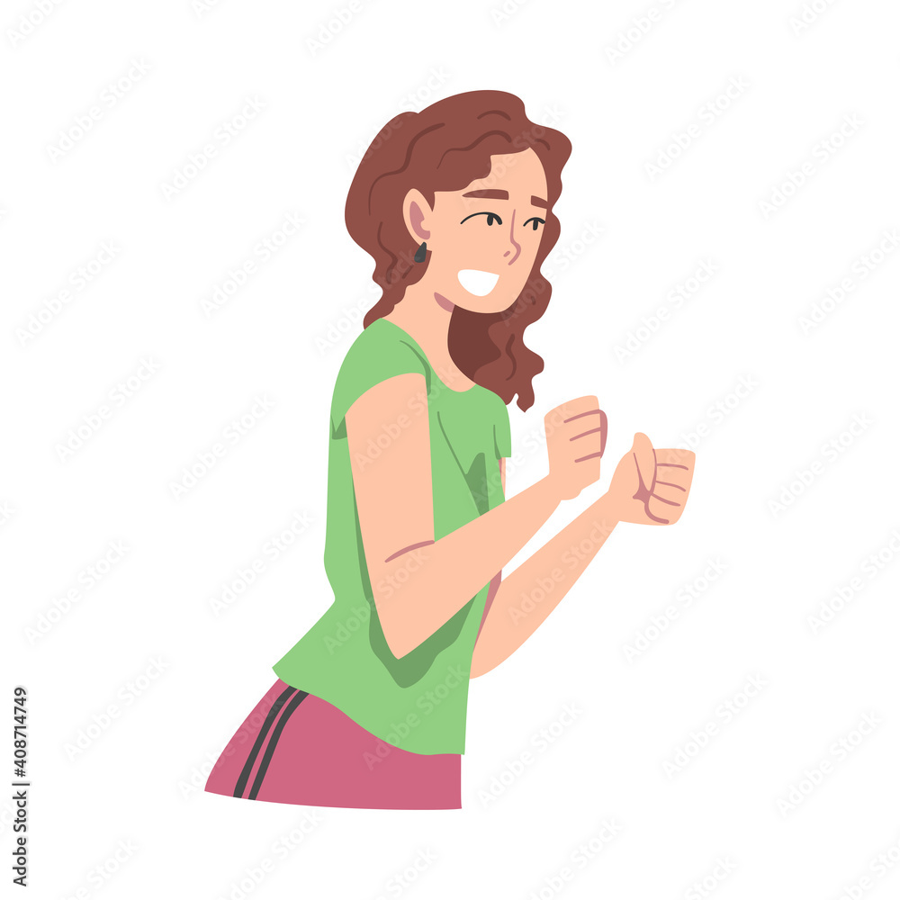 Happy Female Character Clenching Fists Smiling with Joy and Excitement Vector Illustration