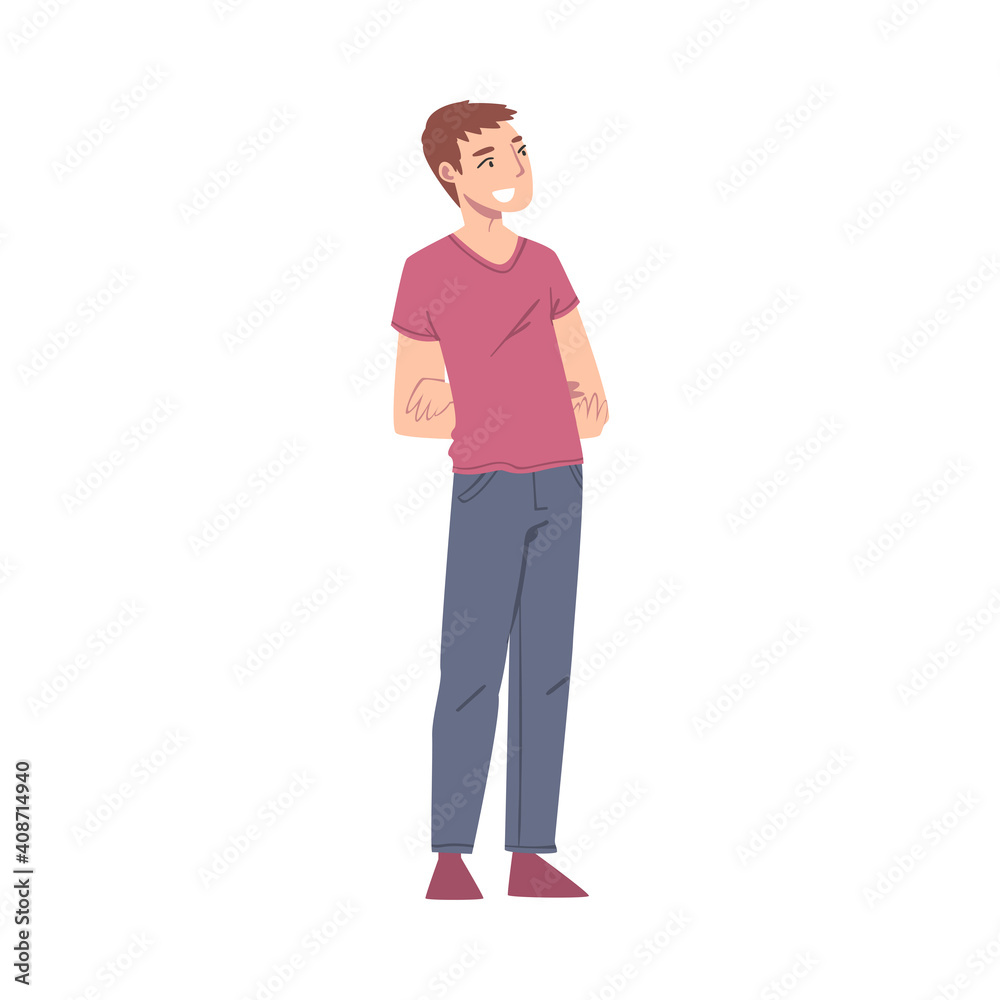 Overjoyed Male Character Putting Arms Behind Back and Smiling with Joy and Excitement Vector Illustration