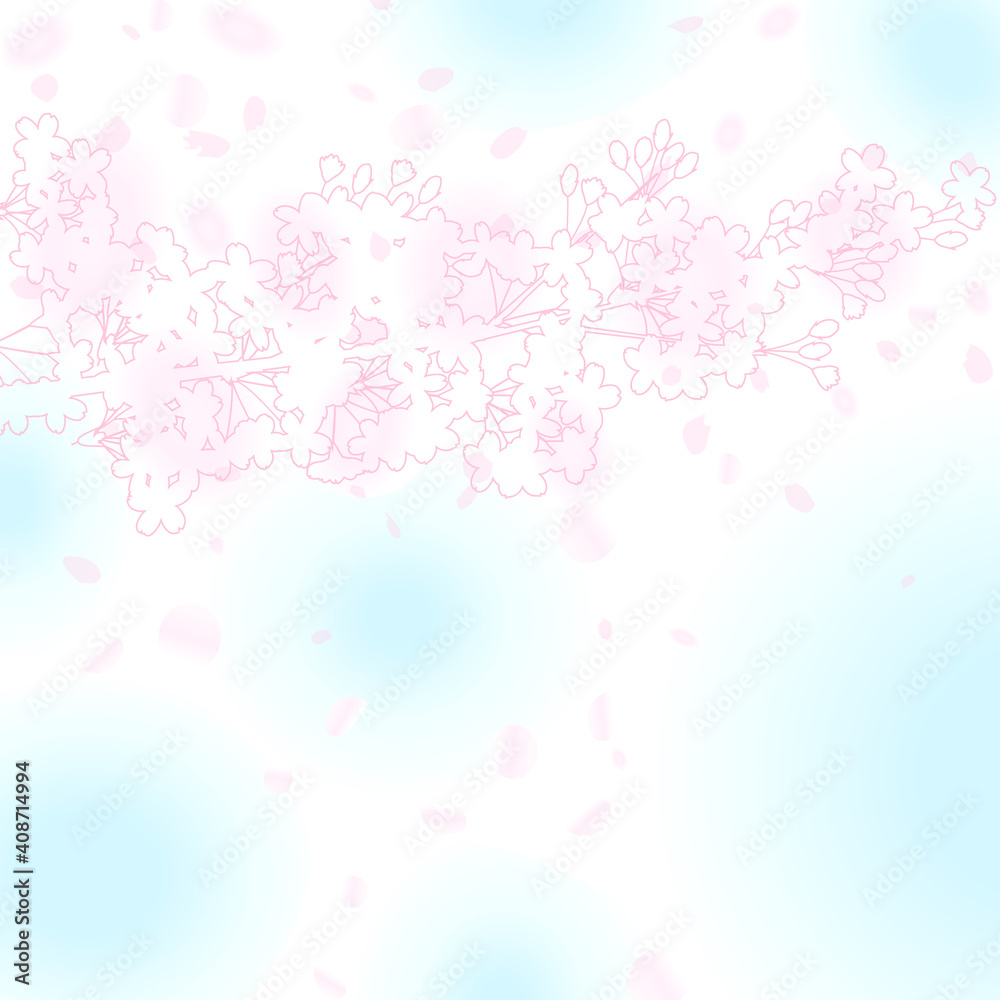 ぼんやりとした春の青い空　桜の枝のシルエットと花びら