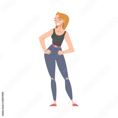Overjoyed Female Character Standing and Smiling with Joy and Excitement Full Length Vector Illustration
