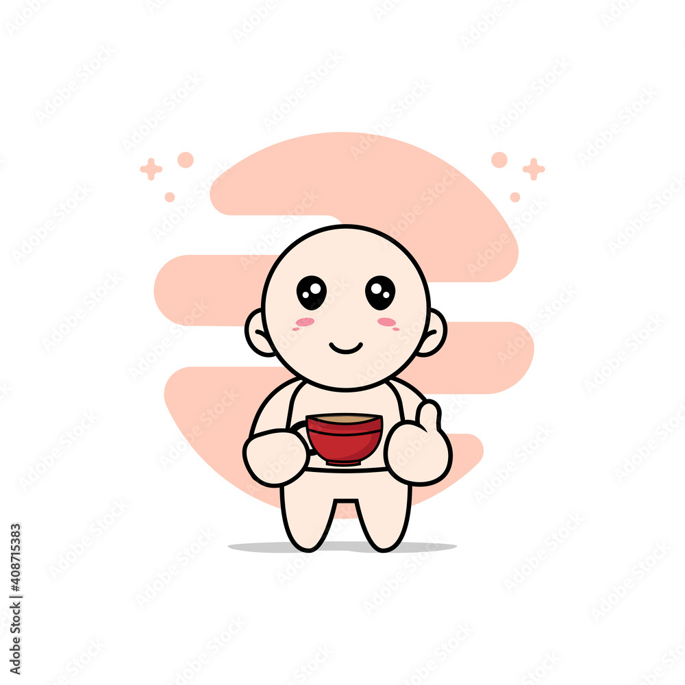 Cute baby character holding a cup of coffee.