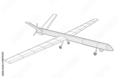 Military drone combat unmanned aerial vehicle. Recon aircraft plane. Wireframe low poly mesh vector illustration.