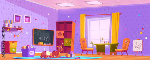 Kids playroom interior, empty indoors nursery room playground with montessori toys, wooden furniture, shelves and equipment for games and studying, blackboard and desk. Cartoon vector illustration