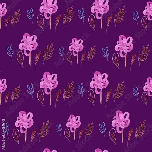 Naive floral seamless pattern made by watercolor. Botanical motives  flowers  leaves  plants  branches  grass. Good for textile design  wrapping paper  postcards