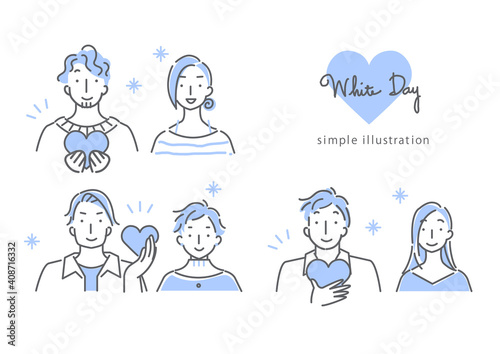 ホワイトデー用のカップルのシンプルでおしゃれな線画イラスト素材セット