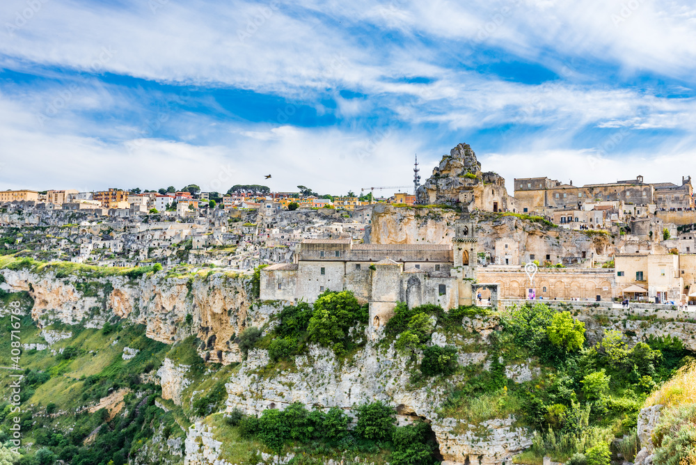 Panoramic view of the Sassi and the Park of the Rupestrian Churches of Matera in Italy, a UNESCO World Heritage site.