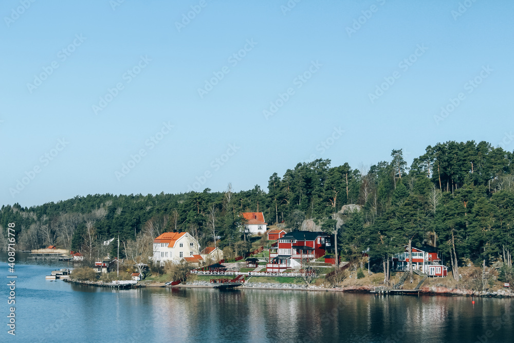Spring Baltic sea landscape near Stockholm seacost. Local tourism concept, spring nature, selective focus. Sweden nature, authentic archipelago