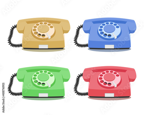 Old rotary phone icons set in different colors. Vintage wired phone handset, retro phone. Vector illustration on white background