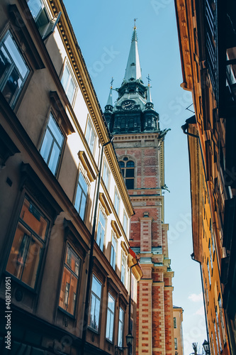 Colorful historical buildings in Gamla Stan, The Old Town is Stockholm on sunny day. City tour concept, spring vacation in Sweden