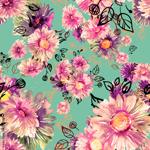  Seamless pattern of colorful asters