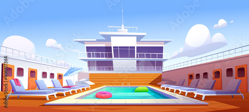 Swimming pool on cruise liner, empty ship deck with sun loungers, wooden floor and door portholes. Modern luxury sailboat in sea or ocean. Passenger vessel with water pond, Cartoon vector illustration