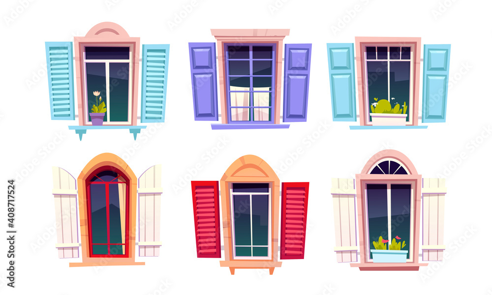 Wooden windows with open shutters in mediterranean style isolated on white background. Vector cartoon set of house windows with colored frames, curtains and flower pots on sill