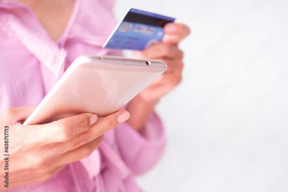 Plan save investment money 2021 concept. Hand woman holding smartphone and credit card for shopping online, borrow money past network. not enough money Plan save investment money 2021 concept. Hand woman holding smartphone and credit card for shopping online, borrow money past network. not enough money