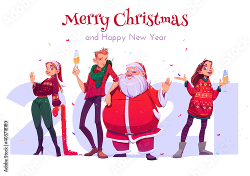 Merry Christmas and Happy New year party celebration. Cheerful people, friends wearing knit sweaters drink champagne around Santa Claus and confetti, 2021 greeting card, cartoon vector illustration