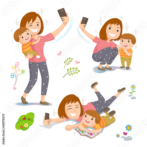 Mom and son selfie pose, illustration vector cartoon