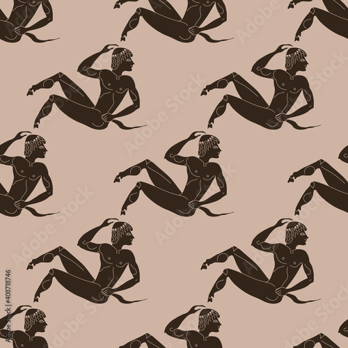 Fotografiet Seamless ethnic monochrome pattern with young ancient Greek satyrs
