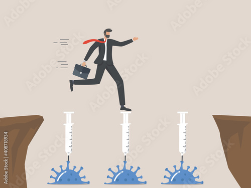 COVID-19 vaccine solution to business,  Entrepreneurs walk on vaccine syringes that stick to pathogenic viruses as a bridge to the next cliff