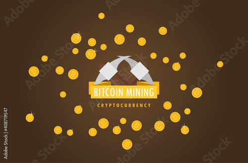 Bitcoin mining concept with pickaxe and coin flat vector