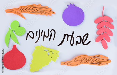 Tu Bishvat greeting card, Jewish holiday, new year of trees.Hebrew text: Seven Species Shiv'at HaMinim are seven agricultural products - two grains and five fruits special products of Land Israel. photo