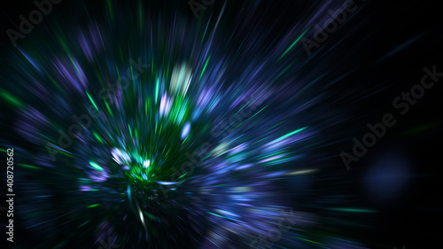 Abstract green and blue fireworks. Holiday background with fantastic light effect. Digital fractal art. 3d rendering.
