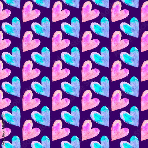Seamless pattern with watercolor pink blue hearts. Romantic love hand drawn backgrounds texture. For greeting cards, wrapping paper, wedding, birthday, fabric, textile, Valentines Day, mothers Day © Iuliia