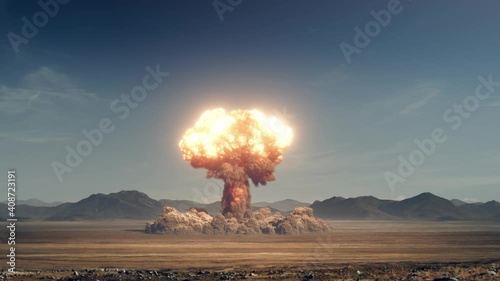 Huge nuclear bomb explosion with a mushroom cloud, weapon of mass destruction photo