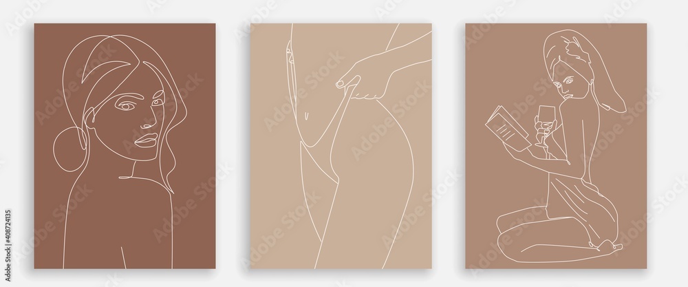 One Line Woman Body Prints Set. Creative Contemporary Abstract Line Drawing. Beauty Fashion Female Body. Vector Minimalist Design for Wall Art, Print, Card, Poster.