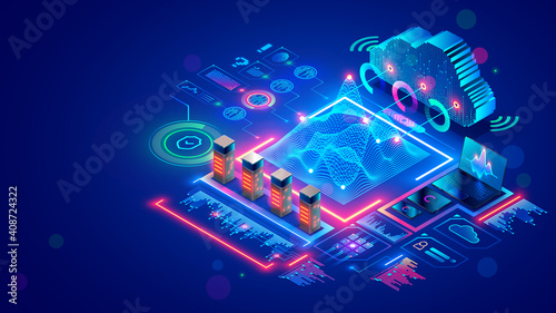 Big data analysis, cloud computing in data center. Technology storage, protection, processing digital information in internet. Server racks in datacenter compute statistics and social media big data.