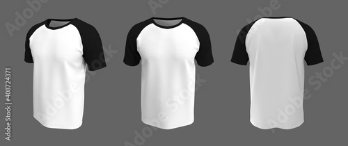 men's short-sleeve raglan t-shirt mockup in front, side and back views, design presentation for print, 3d illustration, 3d rendering photo