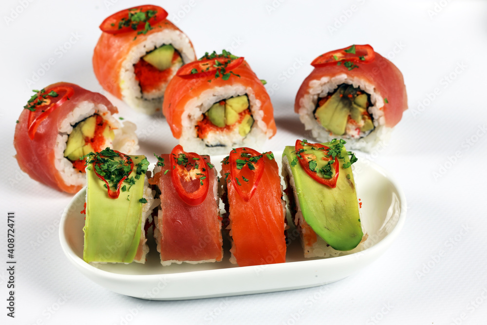 Japanese food sushi and rolls, healthy lifestyle concept Japanese food sushi and rolls, healthy lifestyle concept