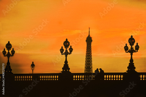 Silhouette of a tower at sunset, Pont Alexandre III, Eiffel Tower, Paris, Ile-de-France, France photo