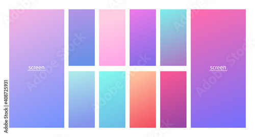 Soft pastel gradient smooth and vibrant color background set for devices, pc and modern smartphone screen soft pastel color backgrounds vector ux and ui design illustration isolated on white.