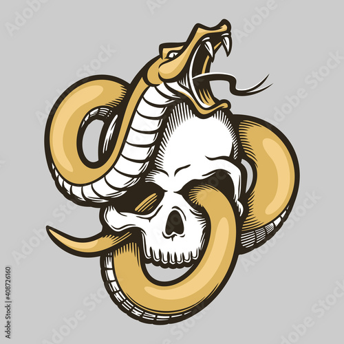 Golden snake entwined with human skull template in vintage style isolated vector illustration