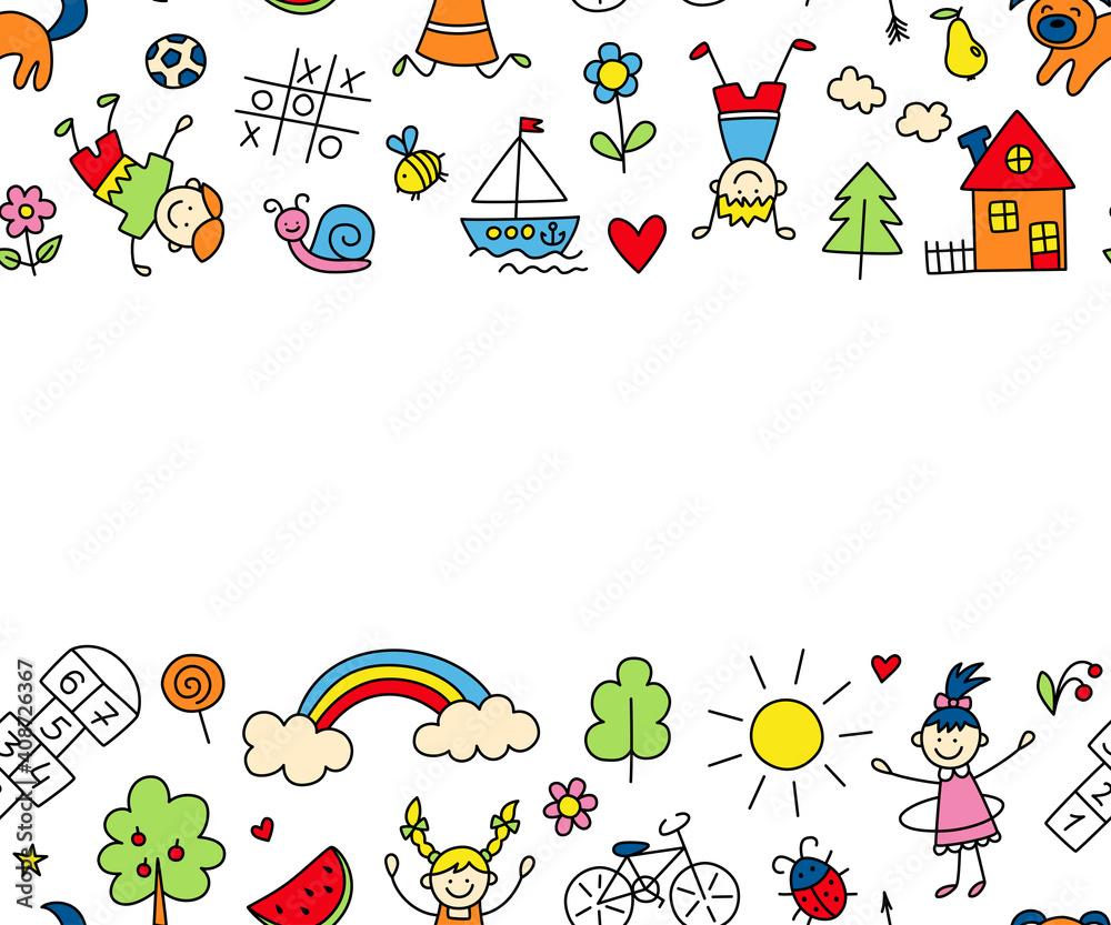 Fototapeta premium Happy children in summer park. Funny small kids play, run and jump. Color background in kid doodle style. Hand drawn vector illustration