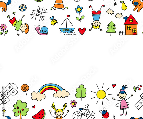Happy children in summer park. Funny small kids play, run and jump. Color background in kid doodle style. Hand drawn vector illustration