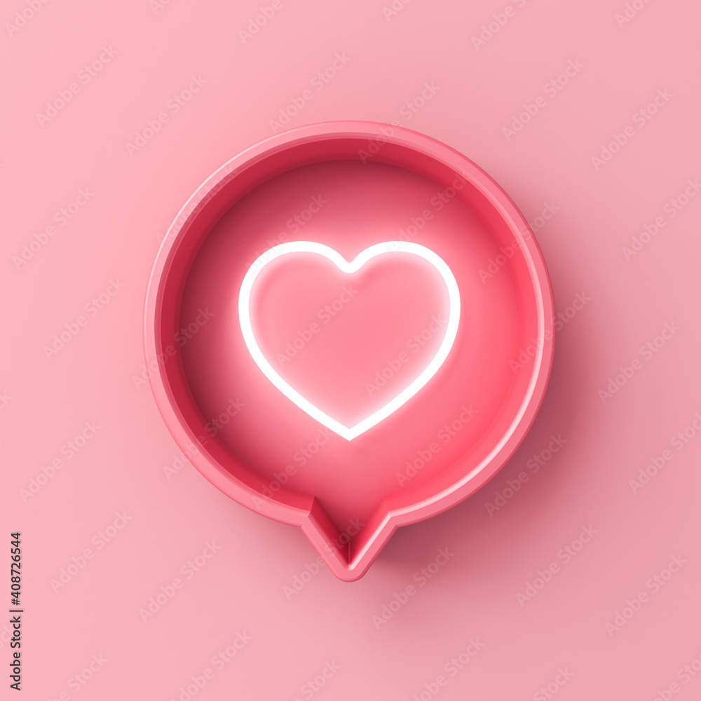Sweet pink social media notification neon love like heart icon in pink round pin sign box isolated on pink pastel color wall background with shadow minimal conceptual 3D rendering