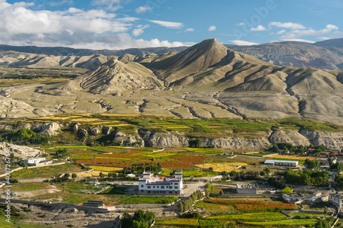 Landscape of Lo Manthang village in summer season, Upper Mustang trekking route, Himalaya mountains range in Nepal