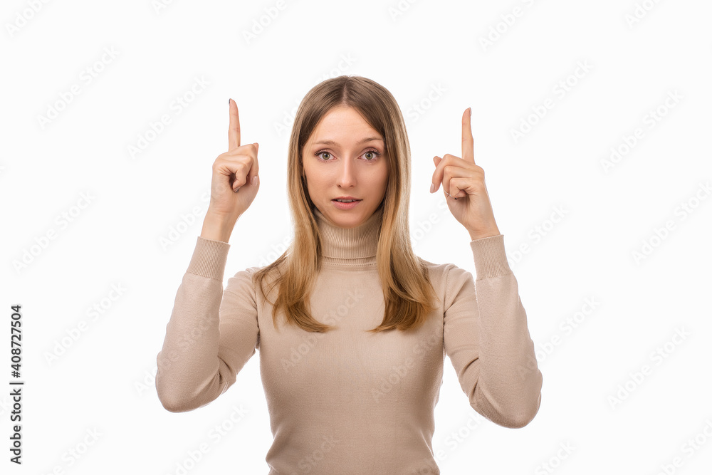 Portrait of attractive girl pointing fingers up, showing good shopping site, recommend click link, upload app Portrait of attractive girl pointing fingers up, showing good shopping site, recommend click link, upload app