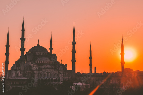 Islamic place of worship, mosque structure. Istanbul Hagia Sophia Mosque in Turkey. Mosque silhouette and sunset.