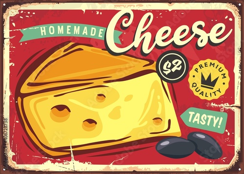 Delicious cheese vintage tin sign. Promotional advertise with cheese slice on old metal textured background. Food vector.