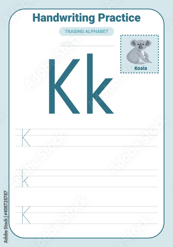 Alphabet tracing practice Letter K. Tracing practice worksheet. Learning alphabet activity page.