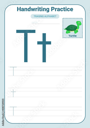 Alphabet tracing practice Letter T. Tracing practice worksheet. Learning alphabet activity page.